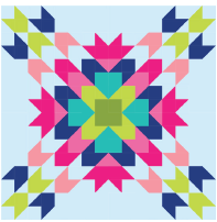 A colorful quilt pattern with blue, pink and green.
