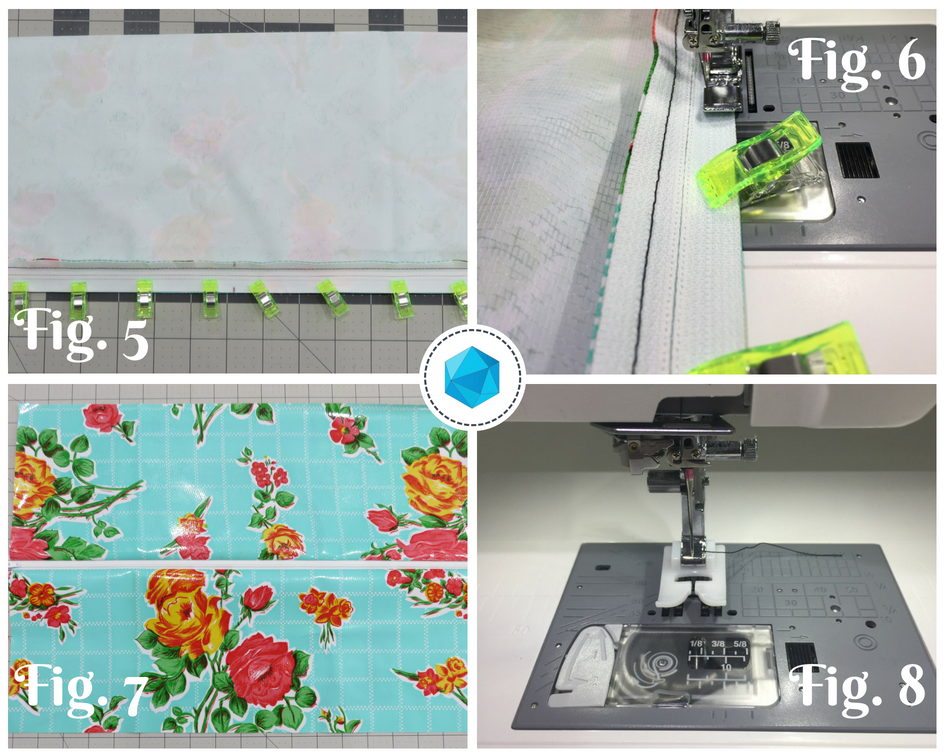 A collage of photos showing how to use the sewing machine.