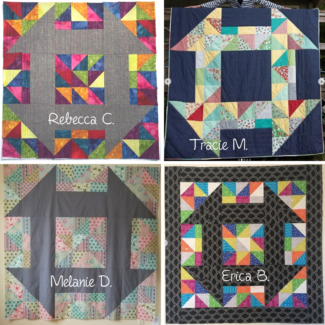 Four different quilt blocks with names on them.