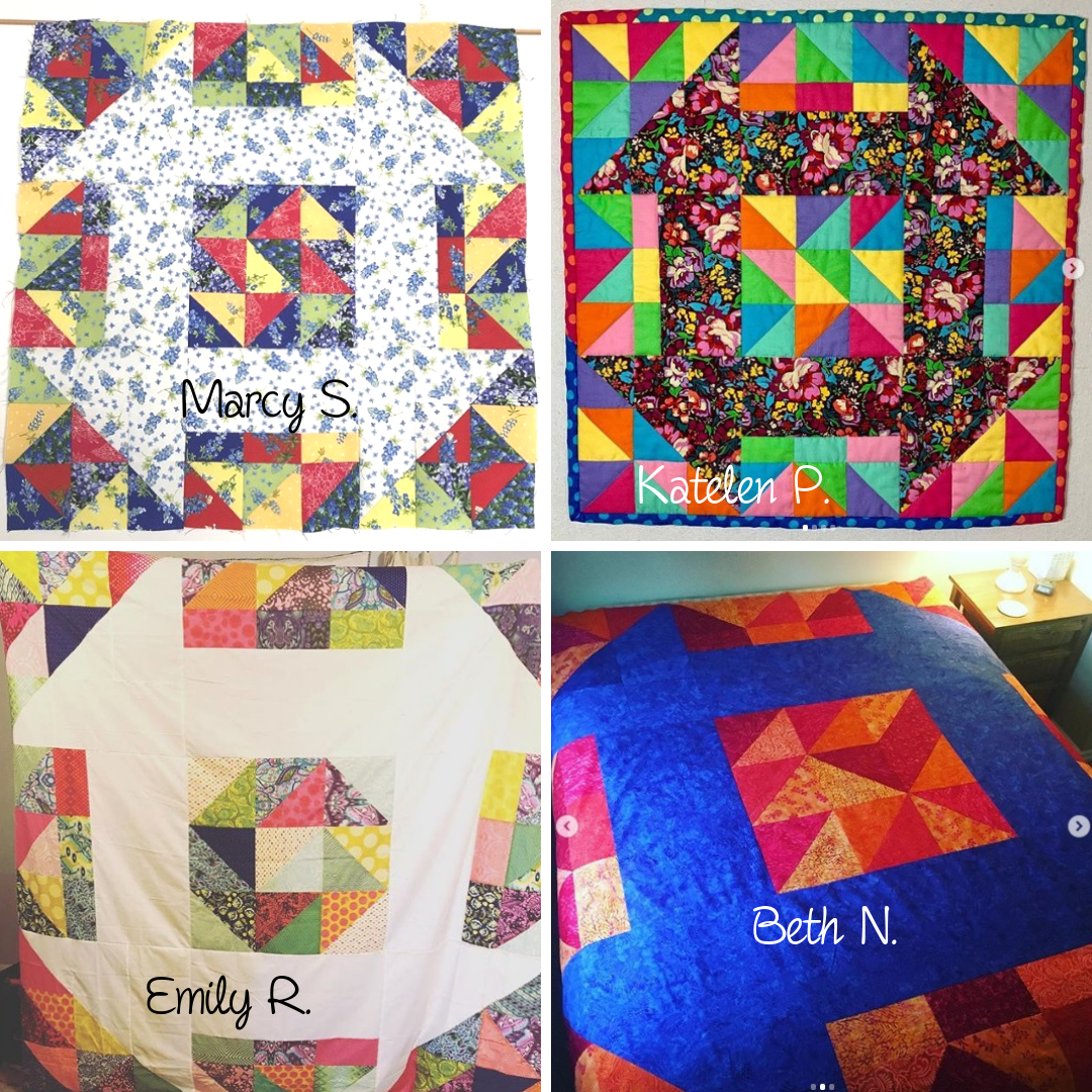 Four different quilt designs with names on them.