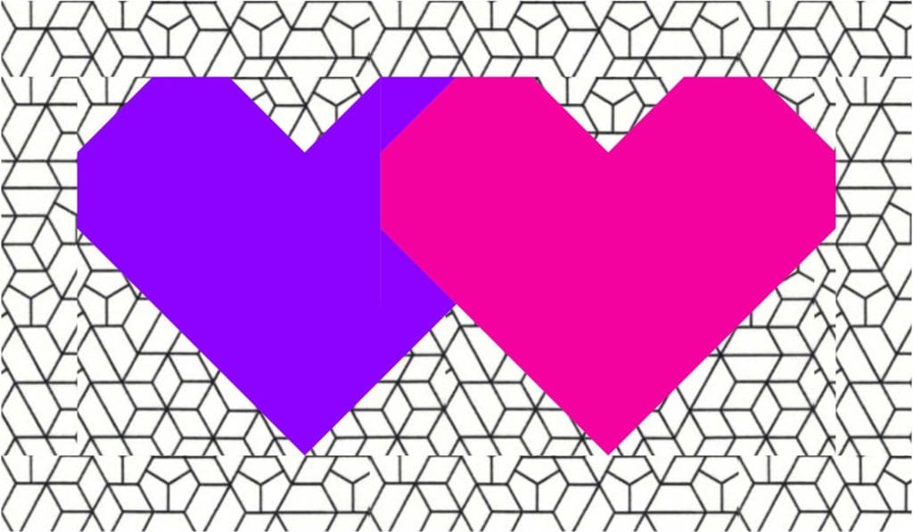 Two hearts are shown in a pattern of geometric shapes.