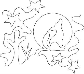 A black and white image of some stars, a moon and a dog.