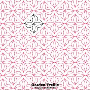 A pattern of pink and black flowers on white.