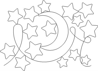 A black and white drawing of stars and the moon.