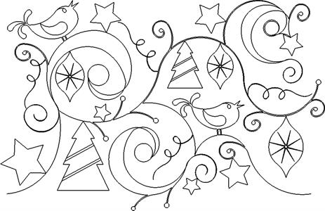 A black and white image of swirls, stars, and christmas decorations.