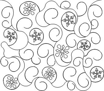 A black and white picture of swirls with snowflakes.