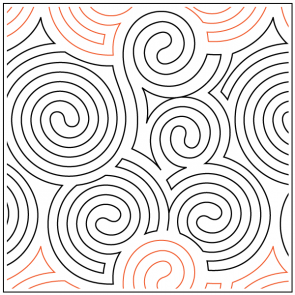 A pattern of spirals and triangles on a white background.