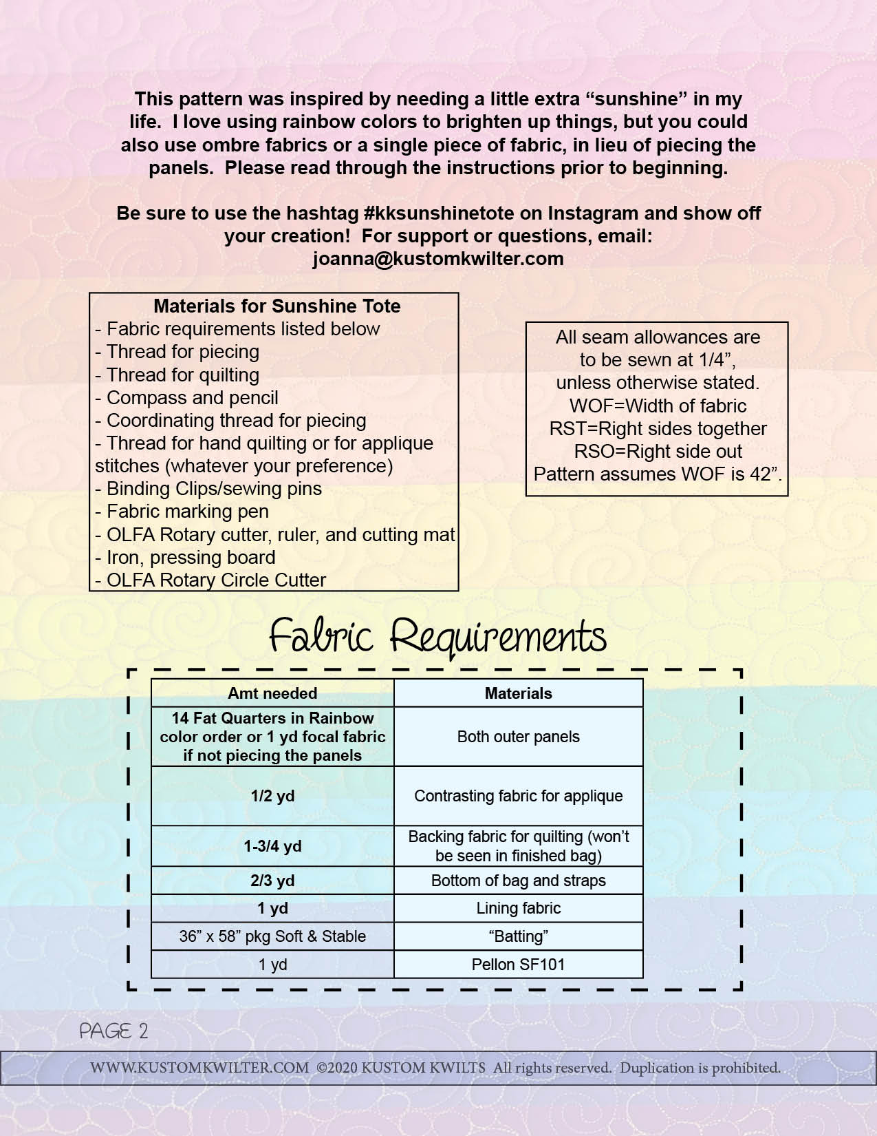 A flyer with instructions for fabric requirements.