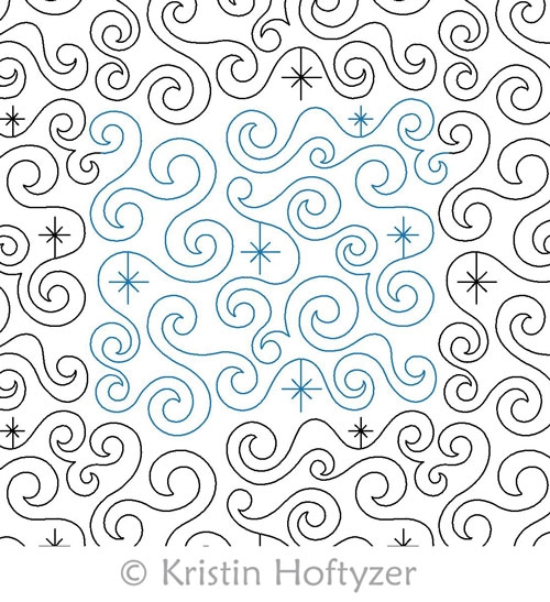 A quilt block with swirls and stars on it.