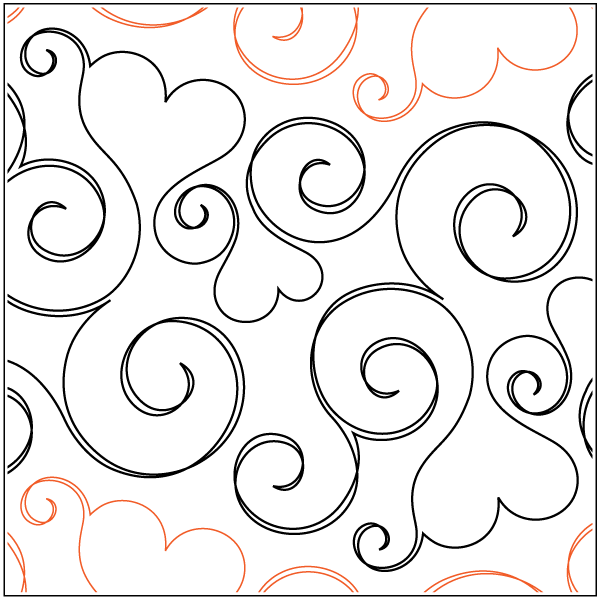 A pattern of swirls and hearts on a white background.