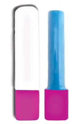 A pink and blue toothbrush with white handle.