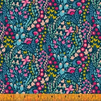 A colorful floral pattern on fabric with blue background.