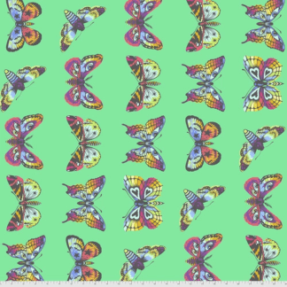 A green background with many different colored butterflies.