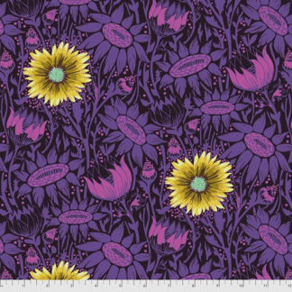 A purple and yellow floral pattern on fabric.