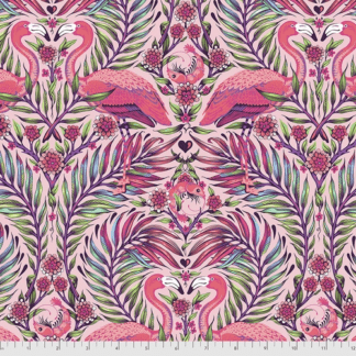 A pink and purple pattern with flamingos.