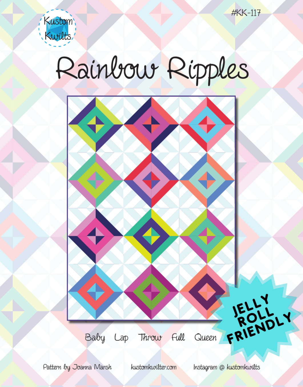 A quilt pattern that is colorful and has a rainbow design.