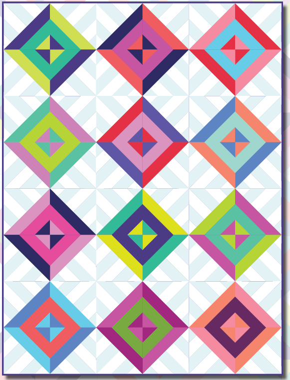 A colorful quilt with squares and triangles.