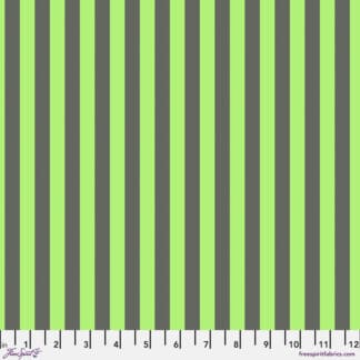 A green and grey striped fabric background.