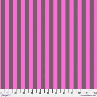 A pink and grey striped fabric background.