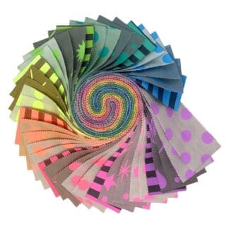 A spiral of different colored squares and dots.