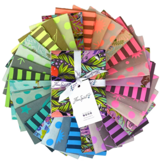 A circular arrangement of colorful fabrics with a tag on the top.