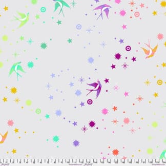 A white background with colorful birds and stars.