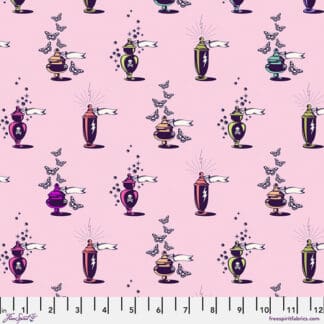 A pink background with many different vases of various shapes and sizes.