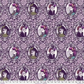 A purple and white pattern with many pictures of women.