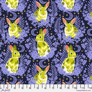 A pattern of rabbits and flowers on a dark background.