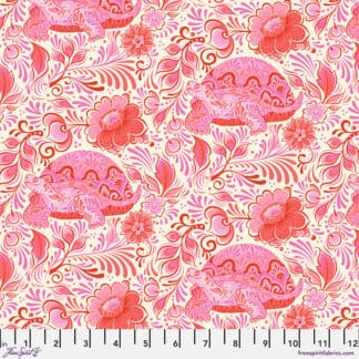 A pink floral pattern with a cat on it.