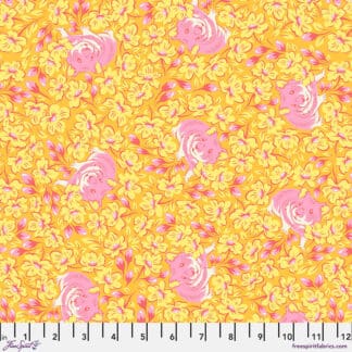 A yellow and pink floral pattern on fabric.