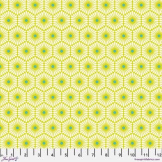 A yellow and green pattern is shown on fabric.