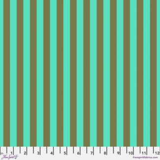 A green and brown striped fabric background.