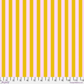 A pink and yellow striped fabric with white stripes.