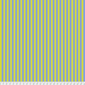 A yellow and blue striped fabric with white polka dots.