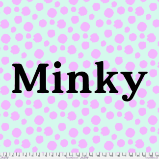 A pink polka dot background with the word " minky ".
