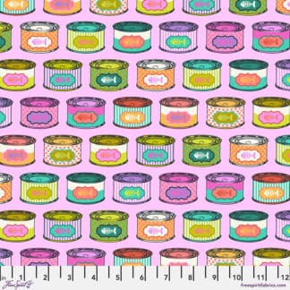 A pink background with many different colored cans of food.