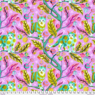 A pink and green pattern with animals on it.